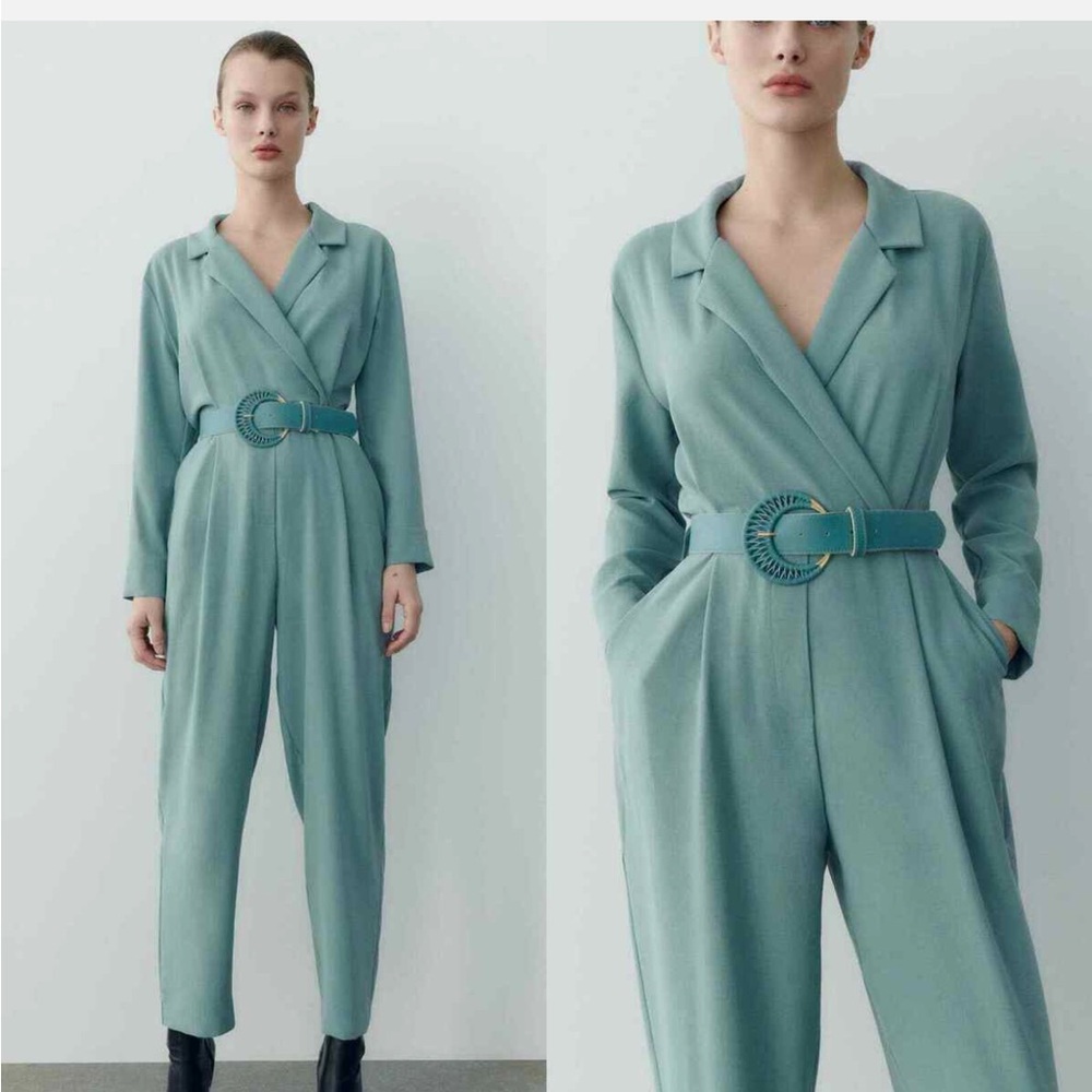 ZARA Sz Small NEW w/out Tags LONG BELTED JUMPSUIT LAPEL COLLAR  TURQUOISE BLUE